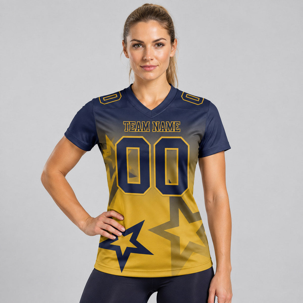 Custom Navy and Old Gold Gradient Twinkle Star Authentic Football Jersey worn by female model