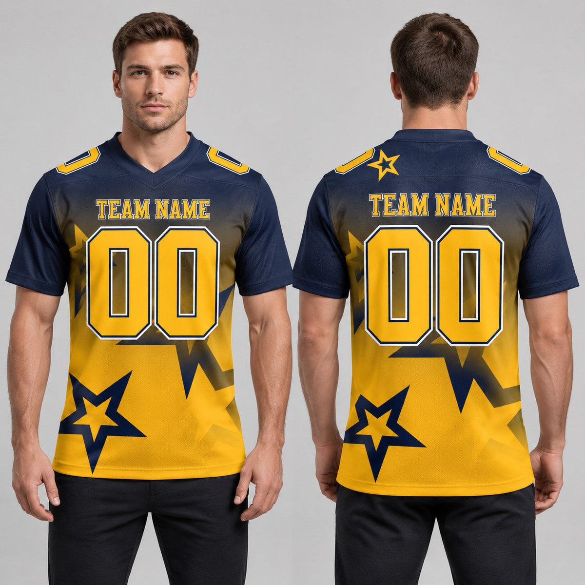 Custom Navy Gradient Twinkle Star Authentic Football Jersey with Gold and White Lettering worn by male model