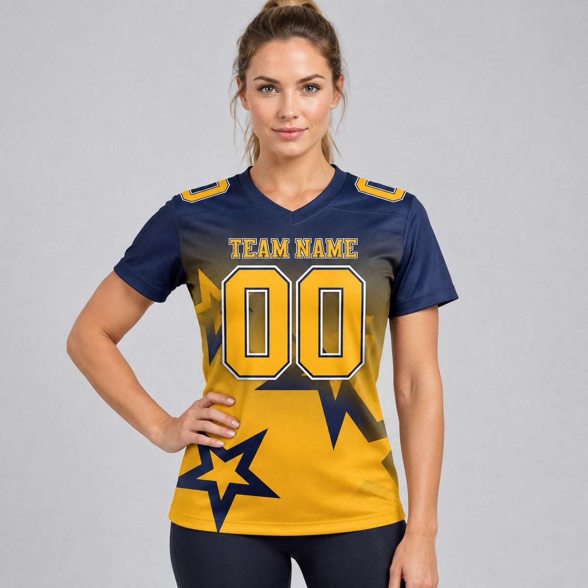 Custom Navy Gradient Twinkle Star Authentic Football Jersey with Gold and White Lettering worn by female model