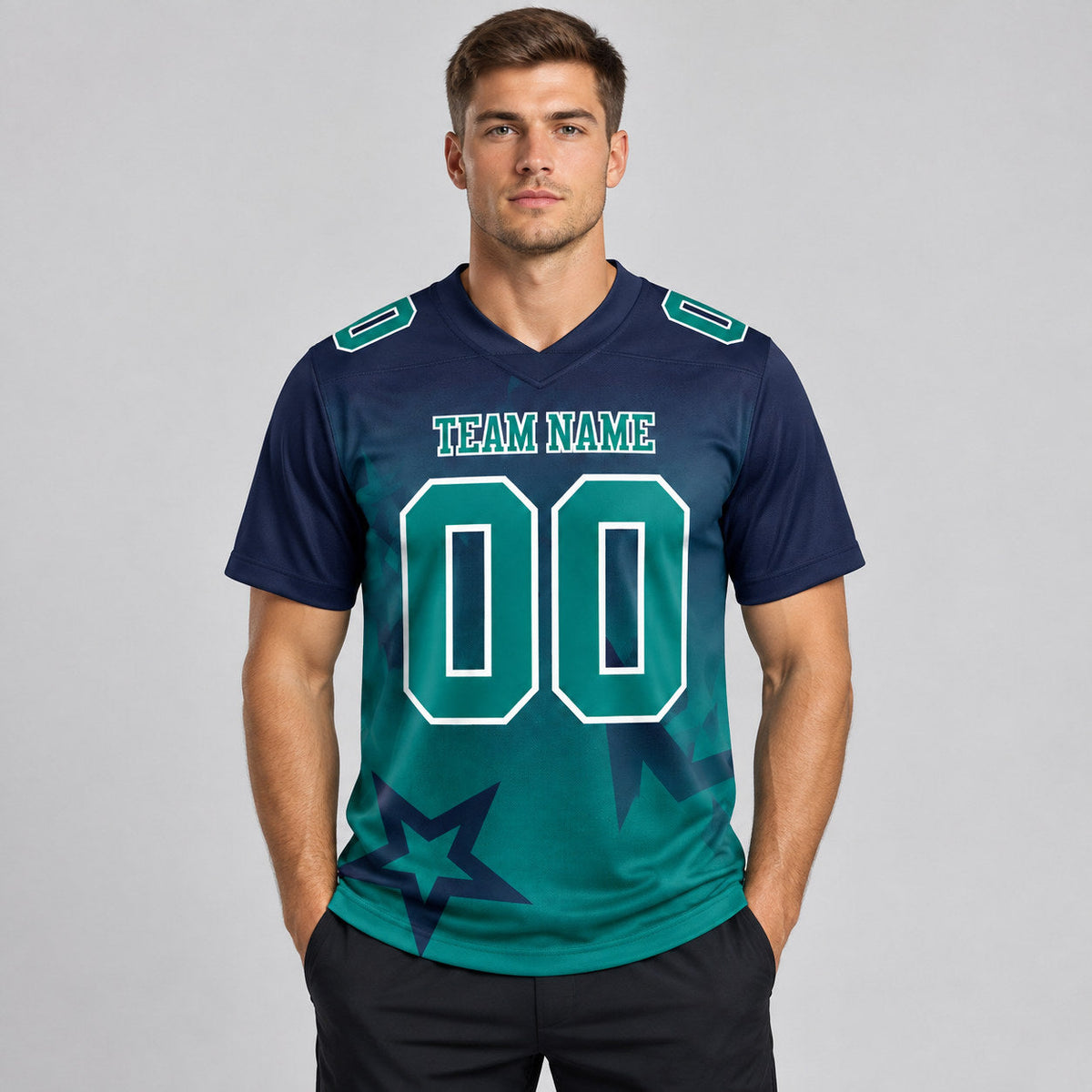 Custom Navy Gradient Twinkle Star Authentic Football Jersey with Teal and White Lettering worn by male model