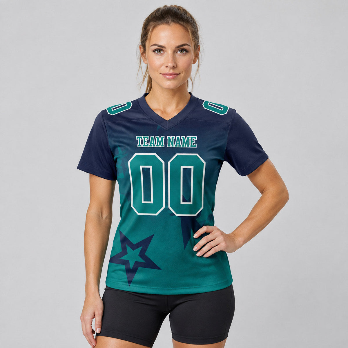Custom Navy Gradient Twinkle Star Authentic Football Jersey with Teal and White Lettering worn by female model
