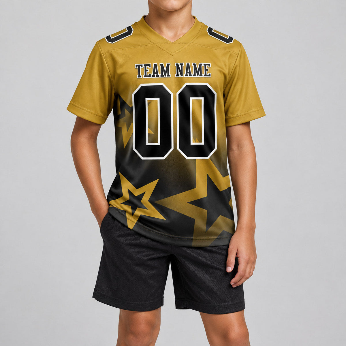 Custom Old Gold Gradient Twinkle Star Authentic Football Jersey with Black and White Lettering youth size worn by child model