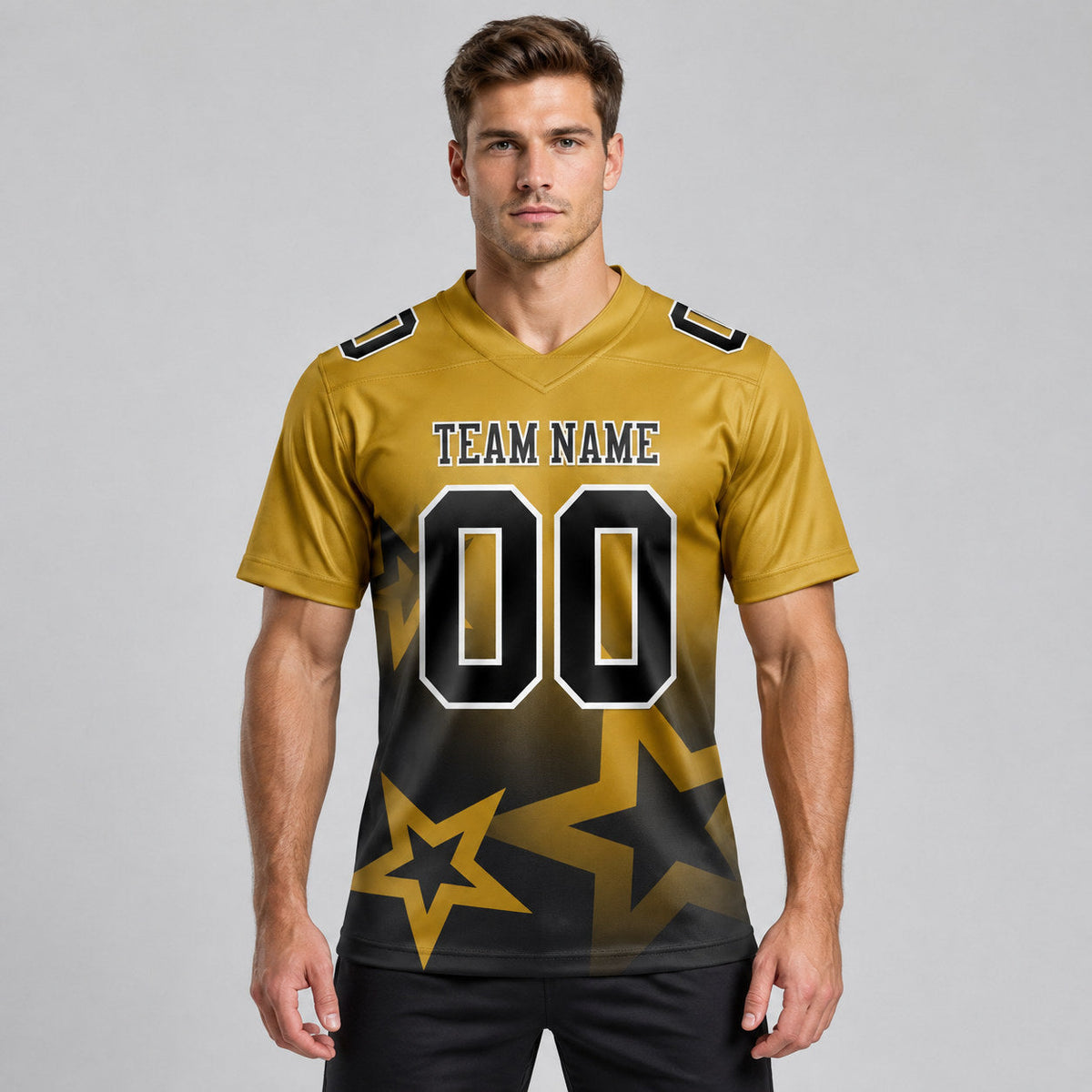 Custom Old Gold Gradient Twinkle Star Authentic Football Jersey with Black and White Lettering worn by male model