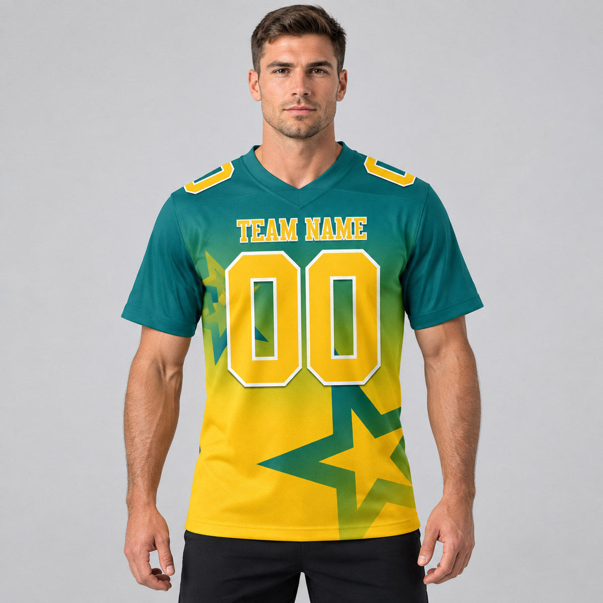 Custom Teal Gradient Twinkle Star Authentic Football Jersey with Yellow and White Lettering worn by male model
