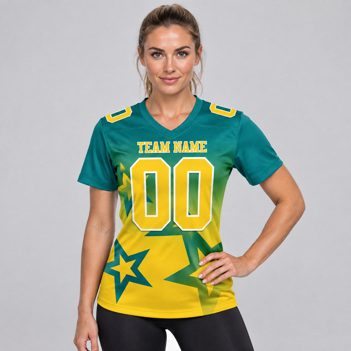 Custom Teal Gradient Twinkle Star Authentic Football Jersey with Yellow and White Lettering worn by female model