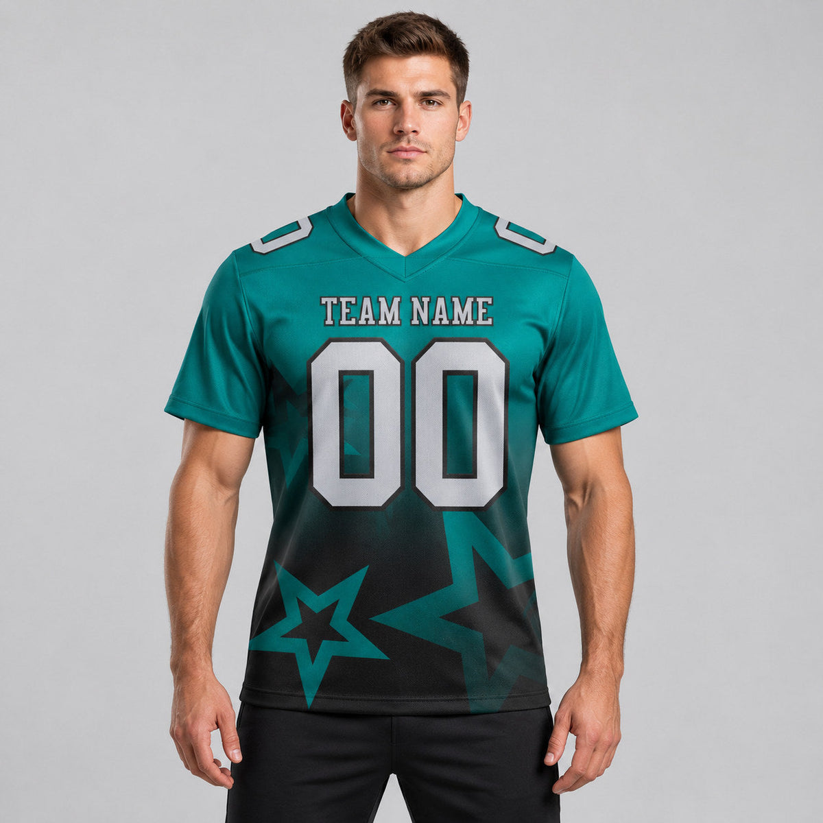 Custom Teal Gradient Twinkle Star Authentic Football Jersey with Gray and Black Lettering worn by male model