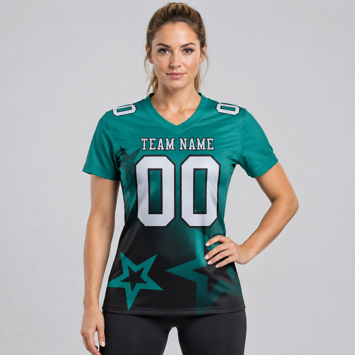 Custom Teal Gradient Twinkle Star Authentic Football Jersey with Gray and Black Lettering worn by female model