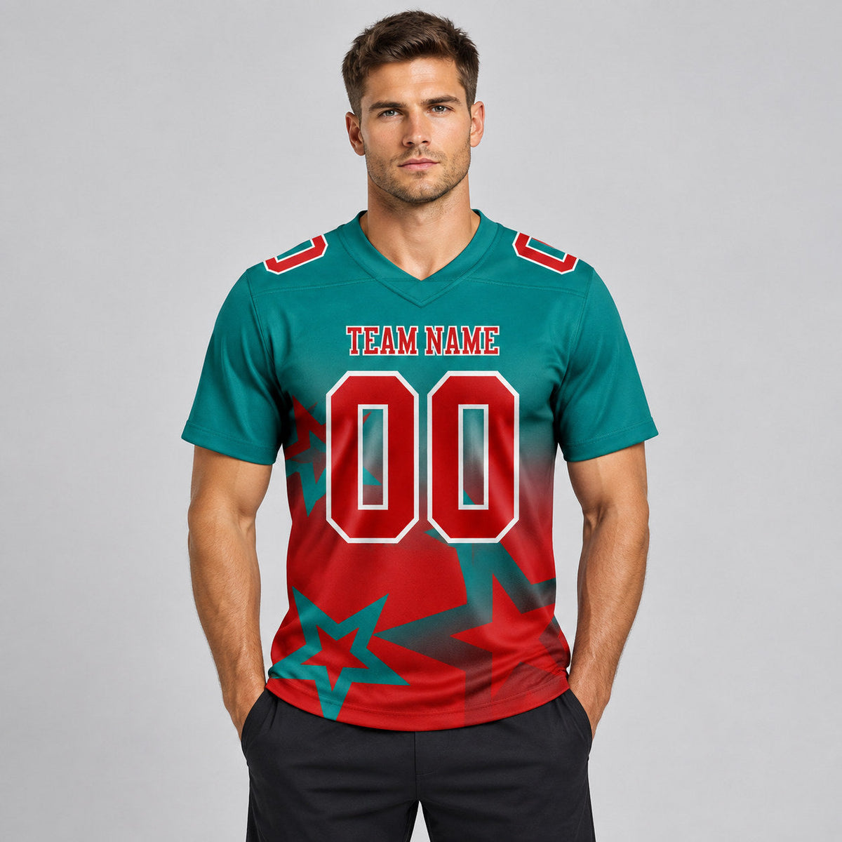 Custom Teal Gradient Twinkle Star Authentic Football Jersey with Red and White Lettering worn by male model