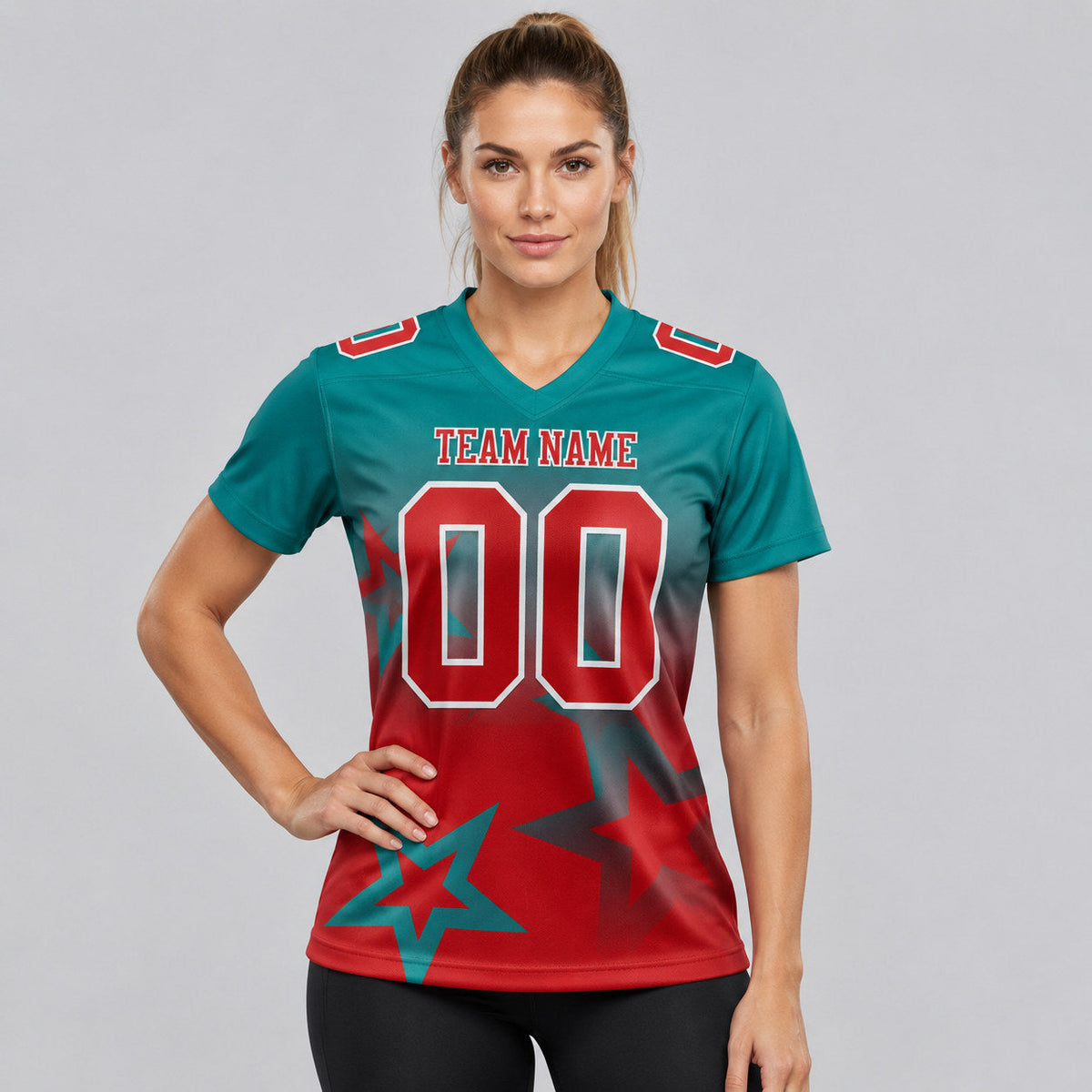 Custom Teal Gradient Twinkle Star Authentic Football Jersey with Red and White Lettering worn by female model