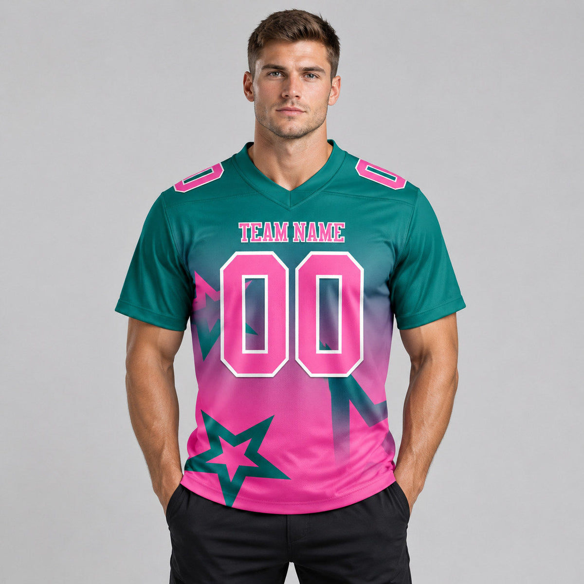 Custom Teal Gradient Twinkle Star Authentic Football Jersey with Pink and White Lettering worn by male model