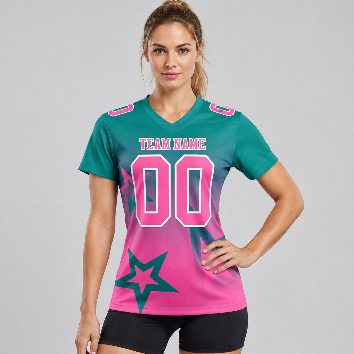 Custom Teal Gradient Twinkle Star Authentic Football Jersey with Pink and White Lettering worn by female model