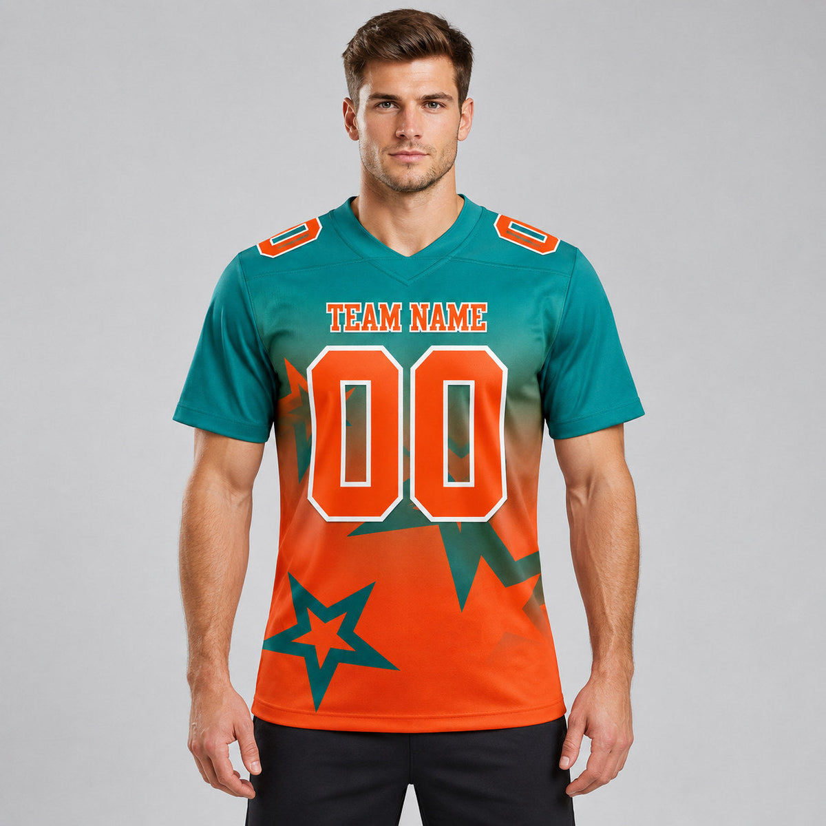 Custom Teal Gradient Twinkle Star Authentic Football Jersey with Orange and White Lettering worn by male model
