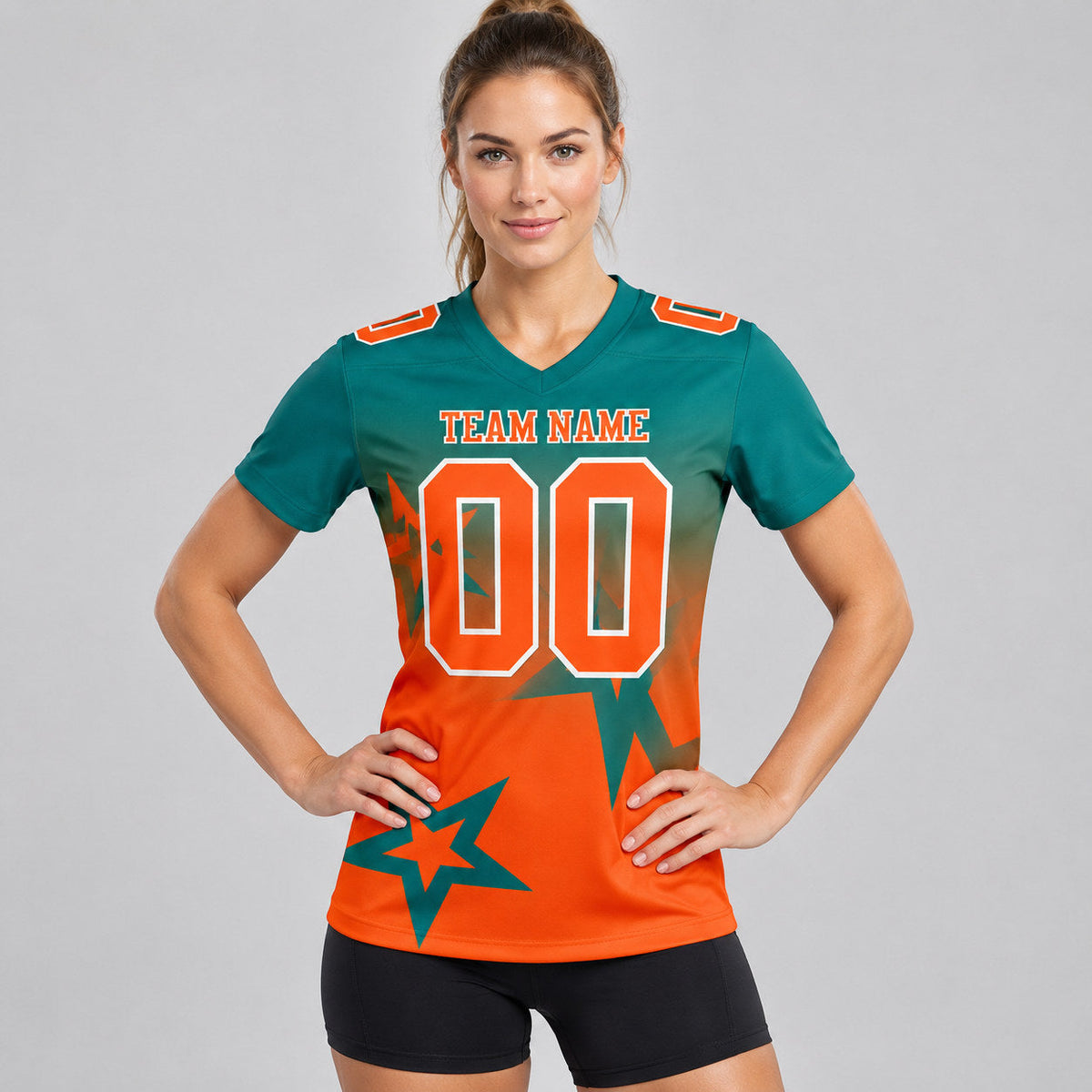Custom Teal Gradient Twinkle Star Authentic Football Jersey with Orange and White Lettering worn by female model