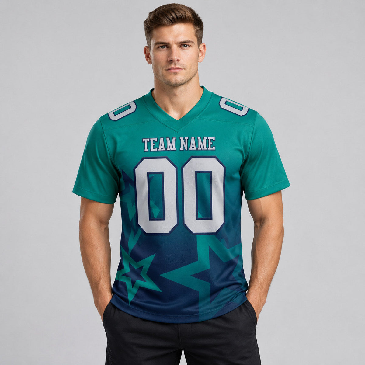 Custom Teal Gradient Twinkle Star Authentic Football Jersey with Gray and Navy Lettering worn by male model