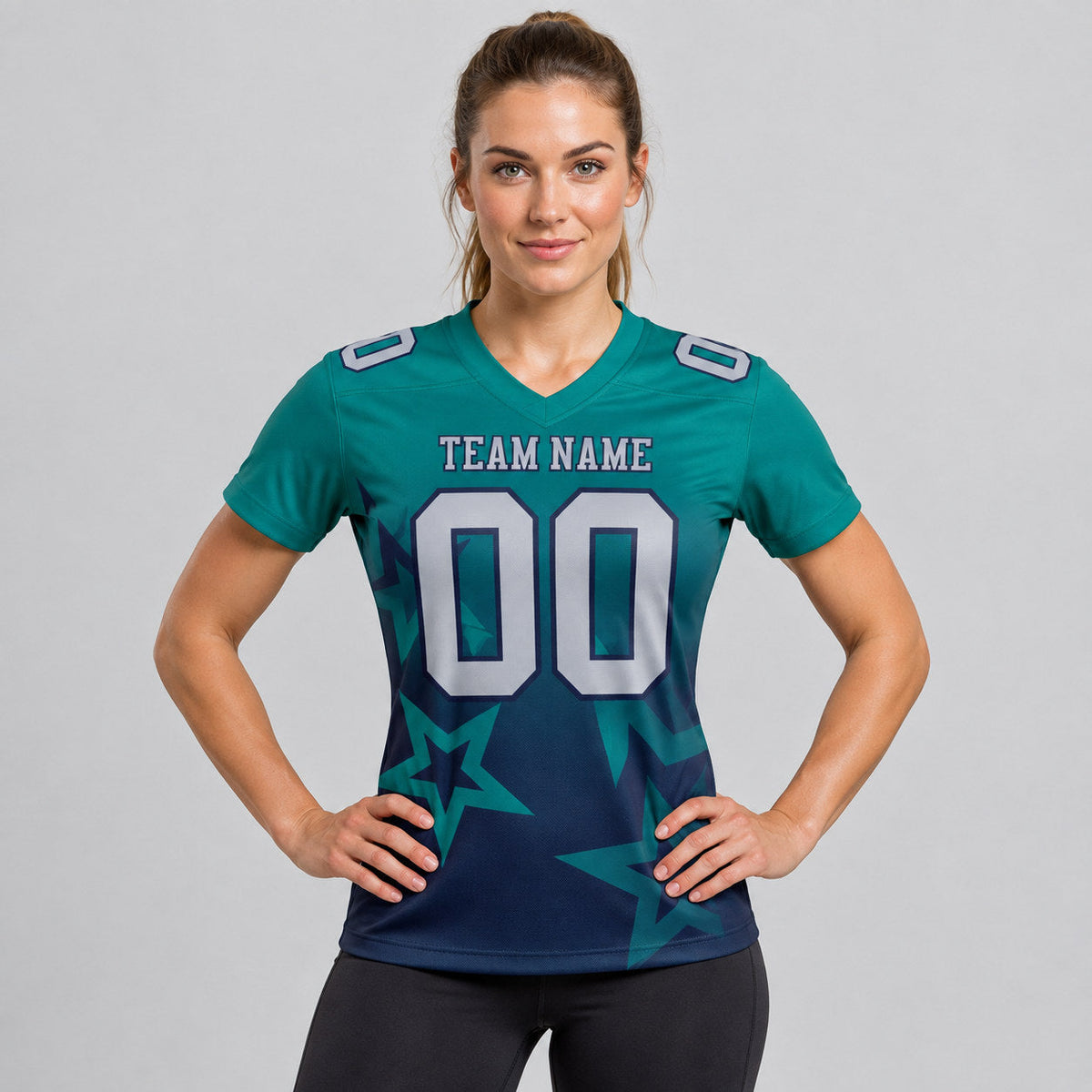Custom Teal Gradient Twinkle Star Authentic Football Jersey with Gray and Navy Lettering worn by female model