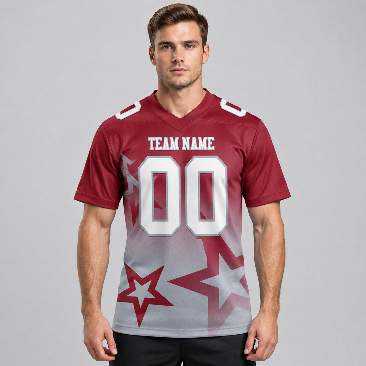 Custom Crimson Gradient Twinkle Star Authentic Football Jersey with White and Gray Lettering worn by male model