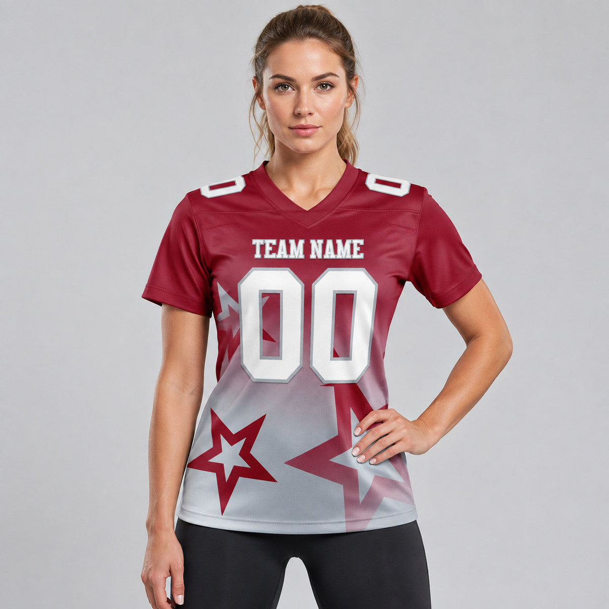 Custom Crimson Gradient Twinkle Star Authentic Football Jersey with White and Gray Lettering worn by female model