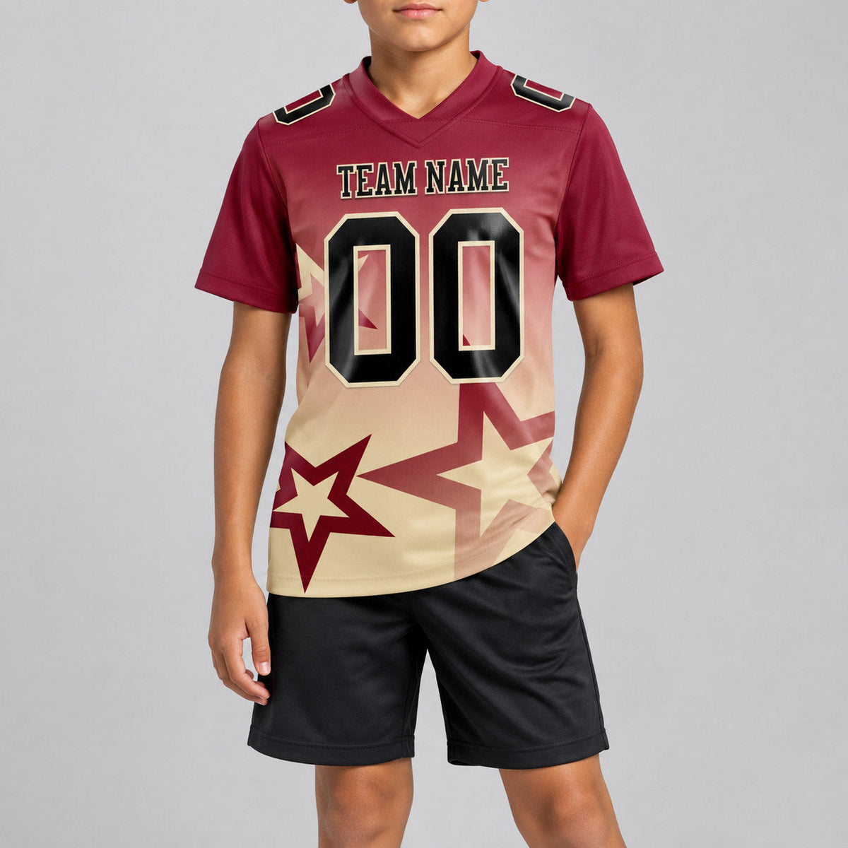 Custom Crimson Gradient Twinkle Star Authentic Football Jersey with Black and Cream Lettering youth size worn by child model
