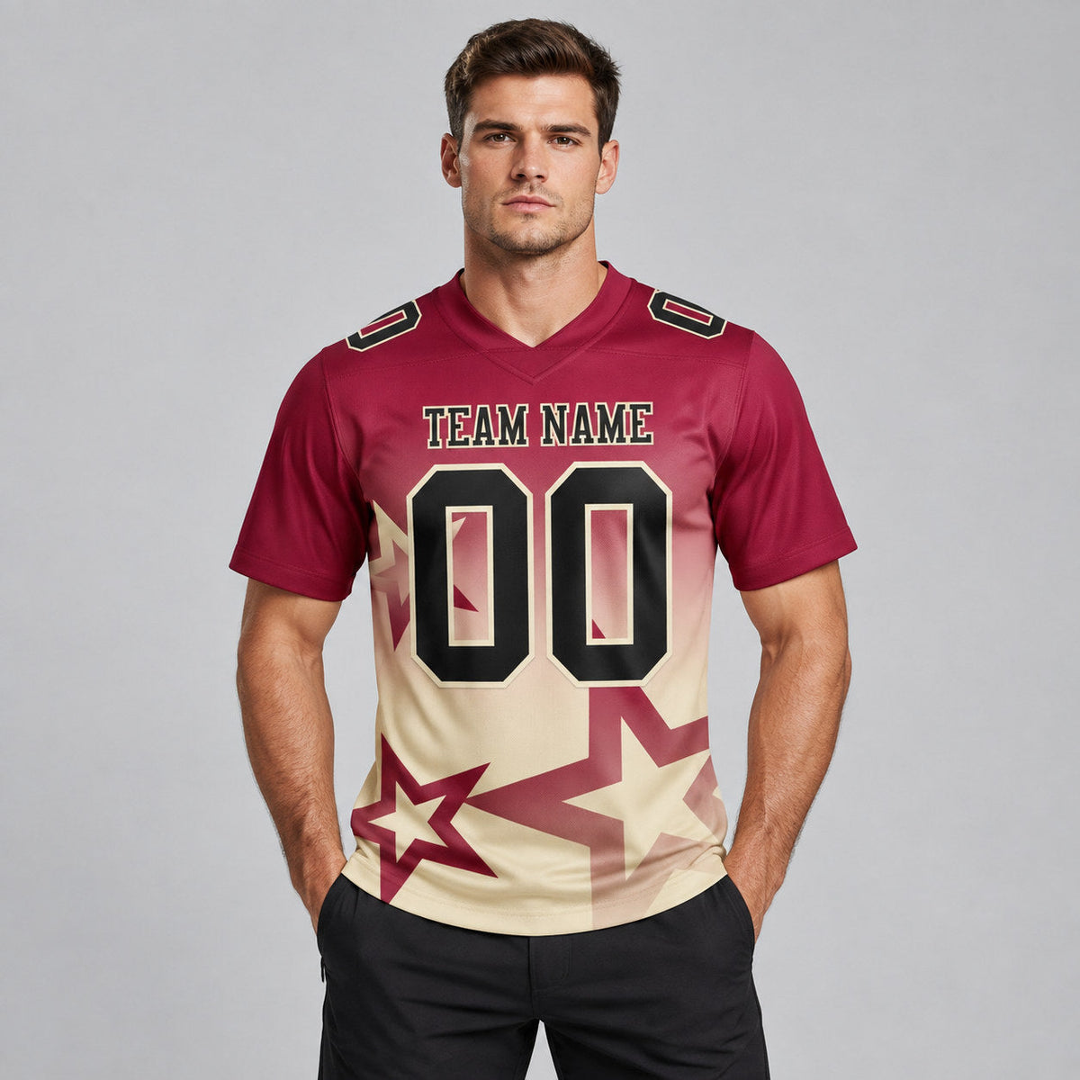 Custom Crimson Gradient Twinkle Star Authentic Football Jersey with Black and Cream Lettering worn by male model