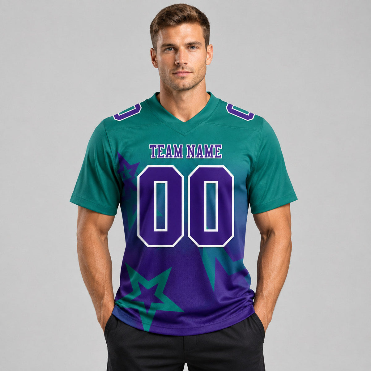 Custom Teal Gradient Twinkle Star Authentic Football Jersey with Purple and White Lettering worn by male model