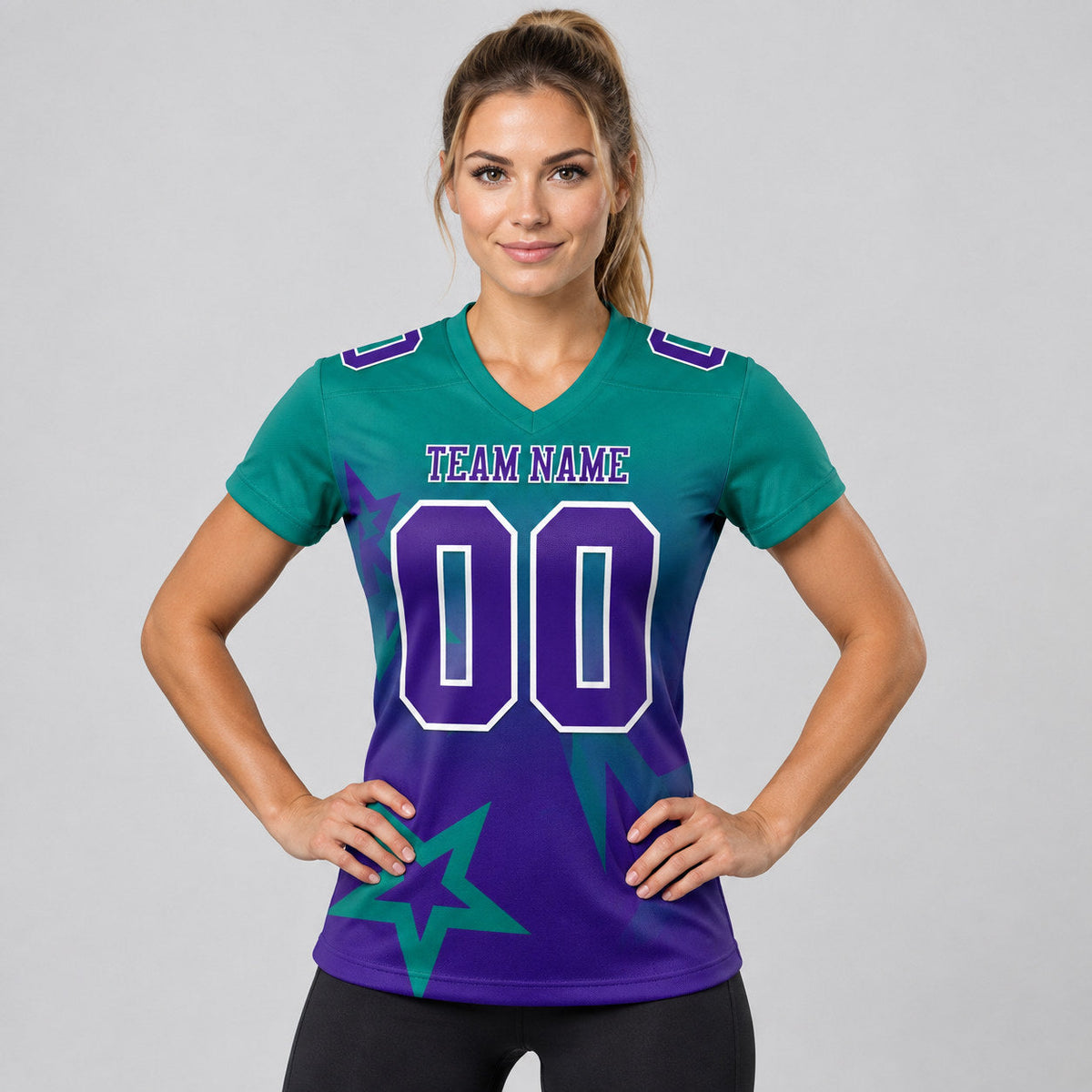 Custom Teal Gradient Twinkle Star Authentic Football Jersey with Purple and White Lettering worn by female model
