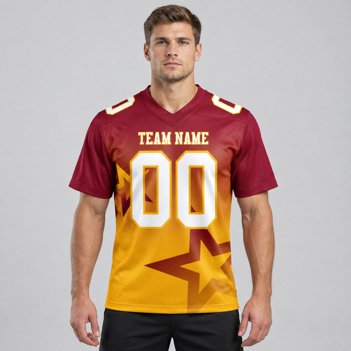 Custom Crimson Gradient Twinkle Star Authentic Football Jersey with White and Gold Lettering worn by male model