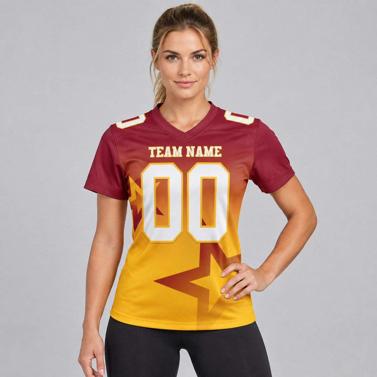 Custom Crimson Gradient Twinkle Star Authentic Football Jersey with White and Gold Lettering worn by female model