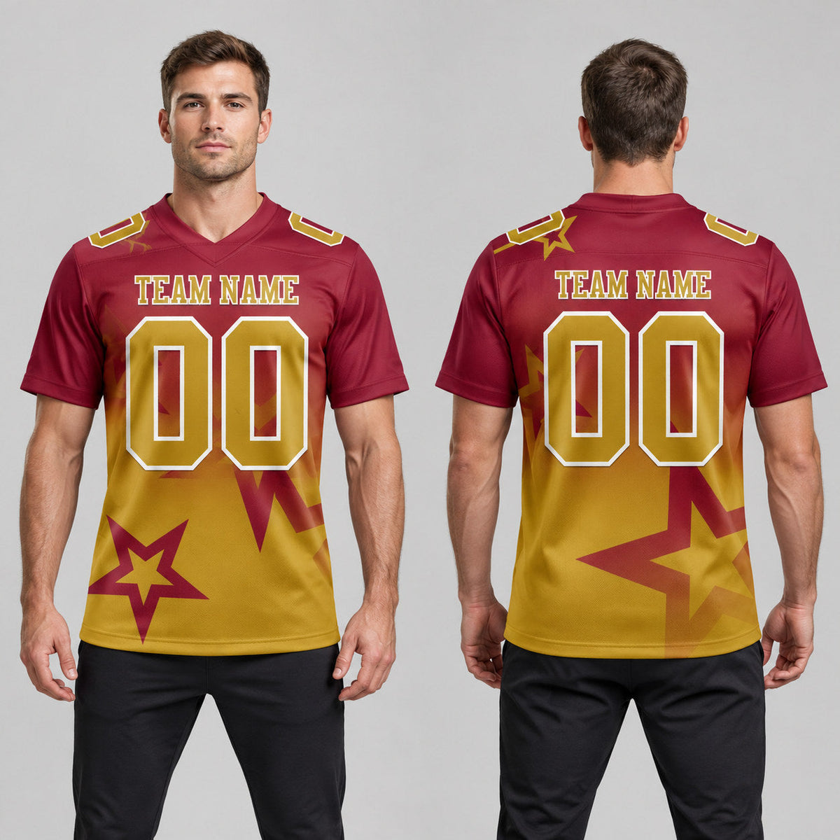Custom Crimson Gradient Twinkle Star Authentic Football Jersey with Old Gold and White Lettering worn by male model