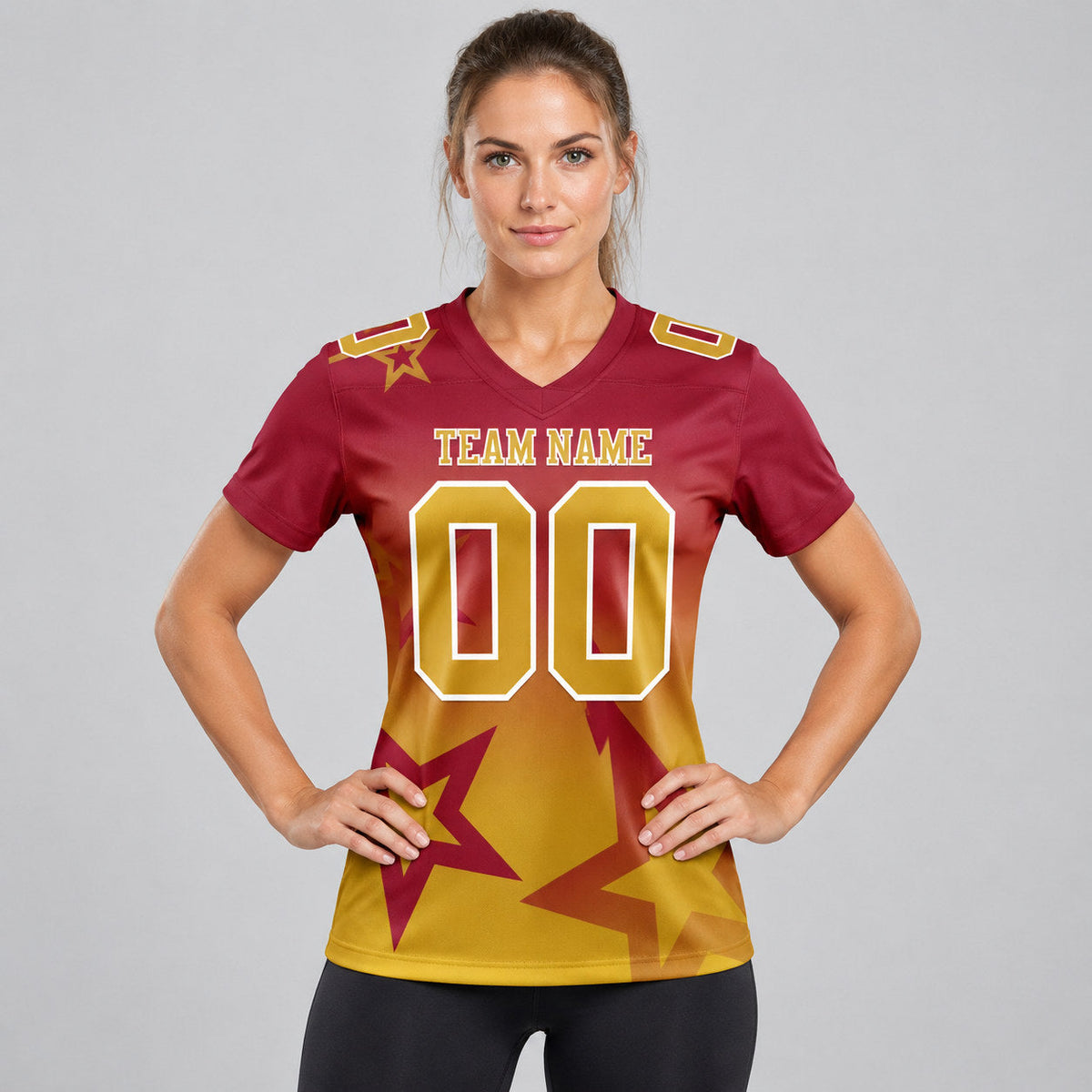 Custom Crimson Gradient Twinkle Star Authentic Football Jersey with Old Gold and White Lettering worn by female model