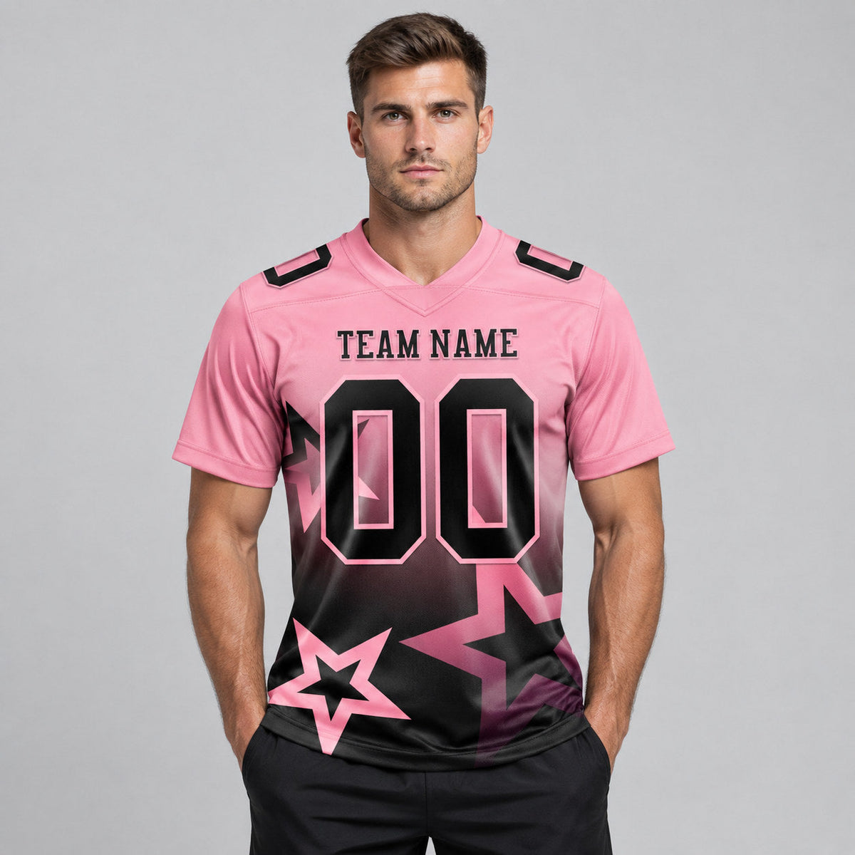 Custom Medium Pink and Black Gradient Twinkle Star Authentic Football Jersey worn by male model