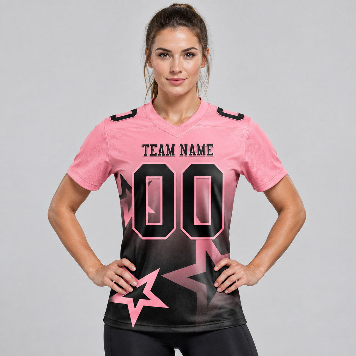 Custom Medium Pink and Black Gradient Twinkle Star Authentic Football Jersey worn by female model