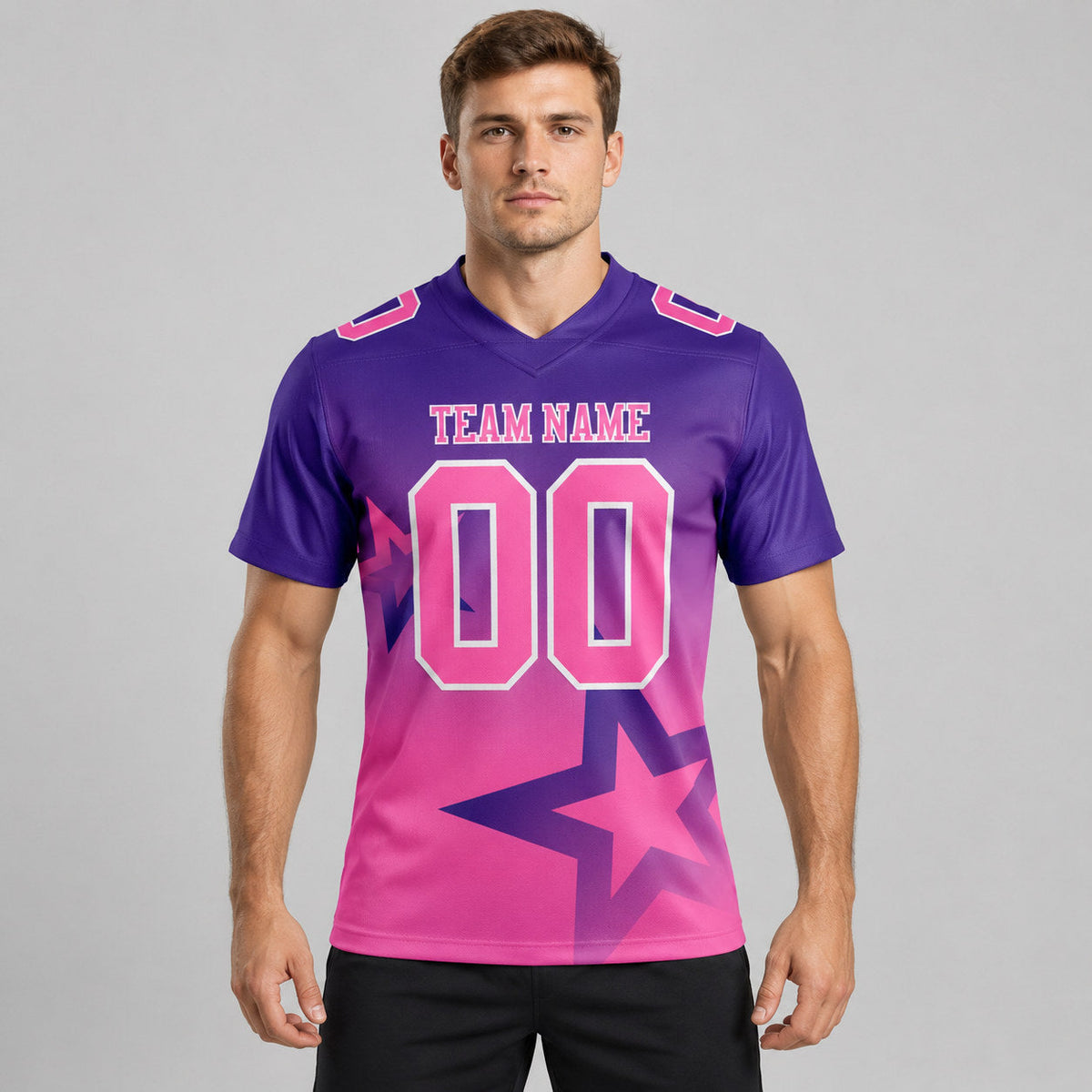 Custom Purple Gradient Twinkle Star Authentic Football Jersey with Pink and White Lettering worn by male model