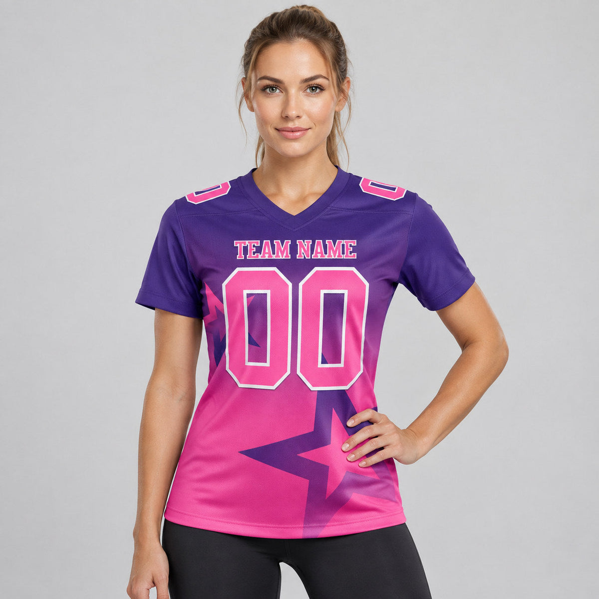 Custom Purple Gradient Twinkle Star Authentic Football Jersey with Pink and White Lettering worn by female model