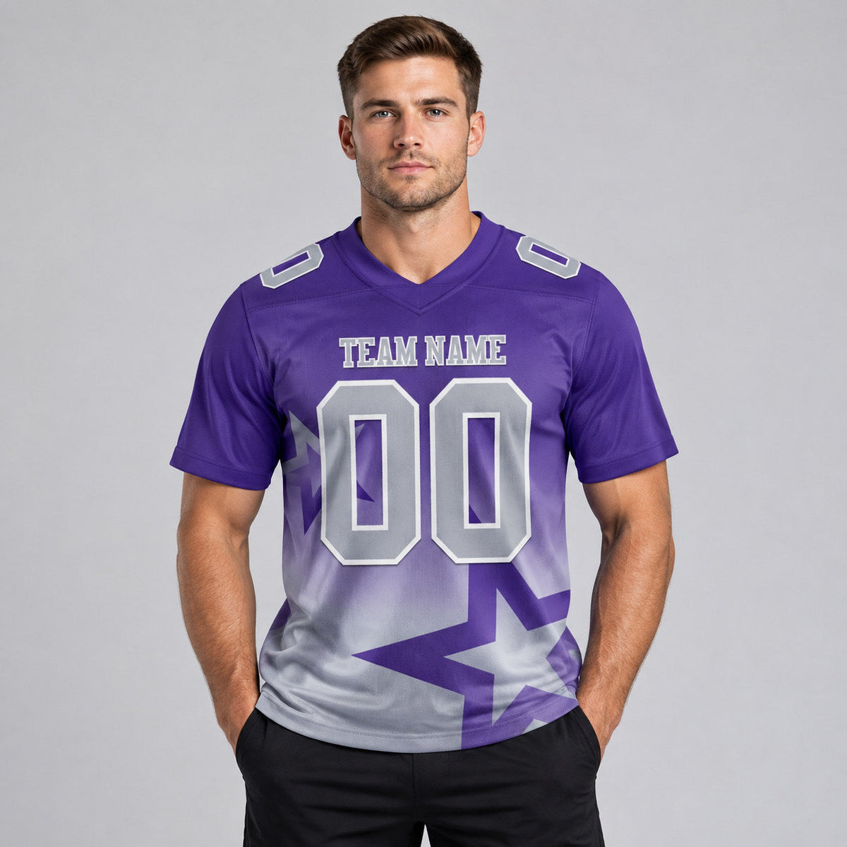 Custom Purple Gradient Twinkle Star Authentic Football Jersey with Gray and White Lettering worn by male model