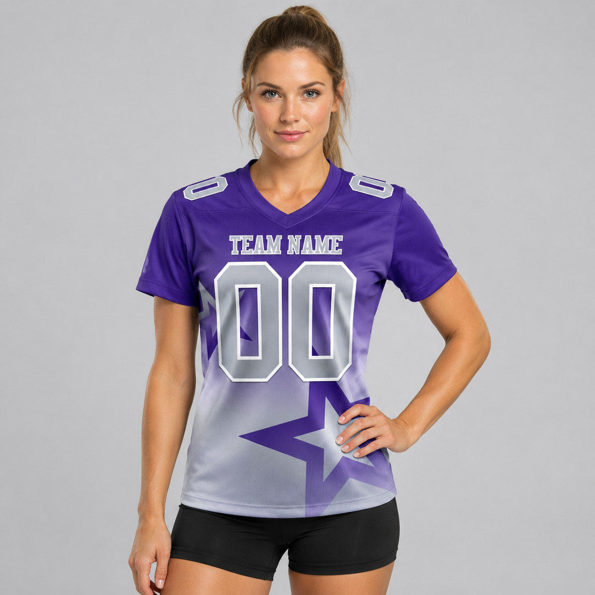 Custom Purple Gradient Twinkle Star Authentic Football Jersey with Gray and White Lettering worn by female model