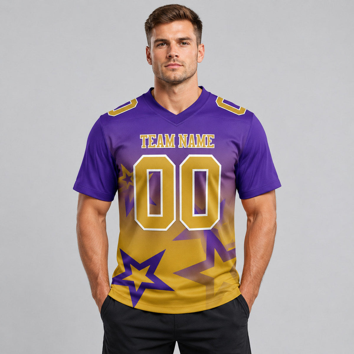 Custom Purple Gradient Twinkle Star Authentic Football Jersey with Old Gold and White Lettering worn by male model