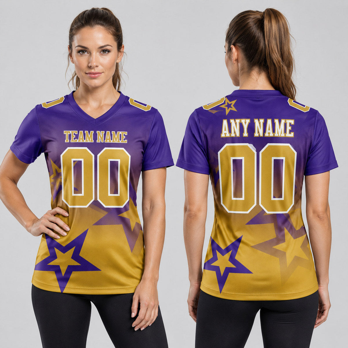 Custom Purple Gradient Twinkle Star Authentic Football Jersey with Old Gold and White Lettering worn by female model