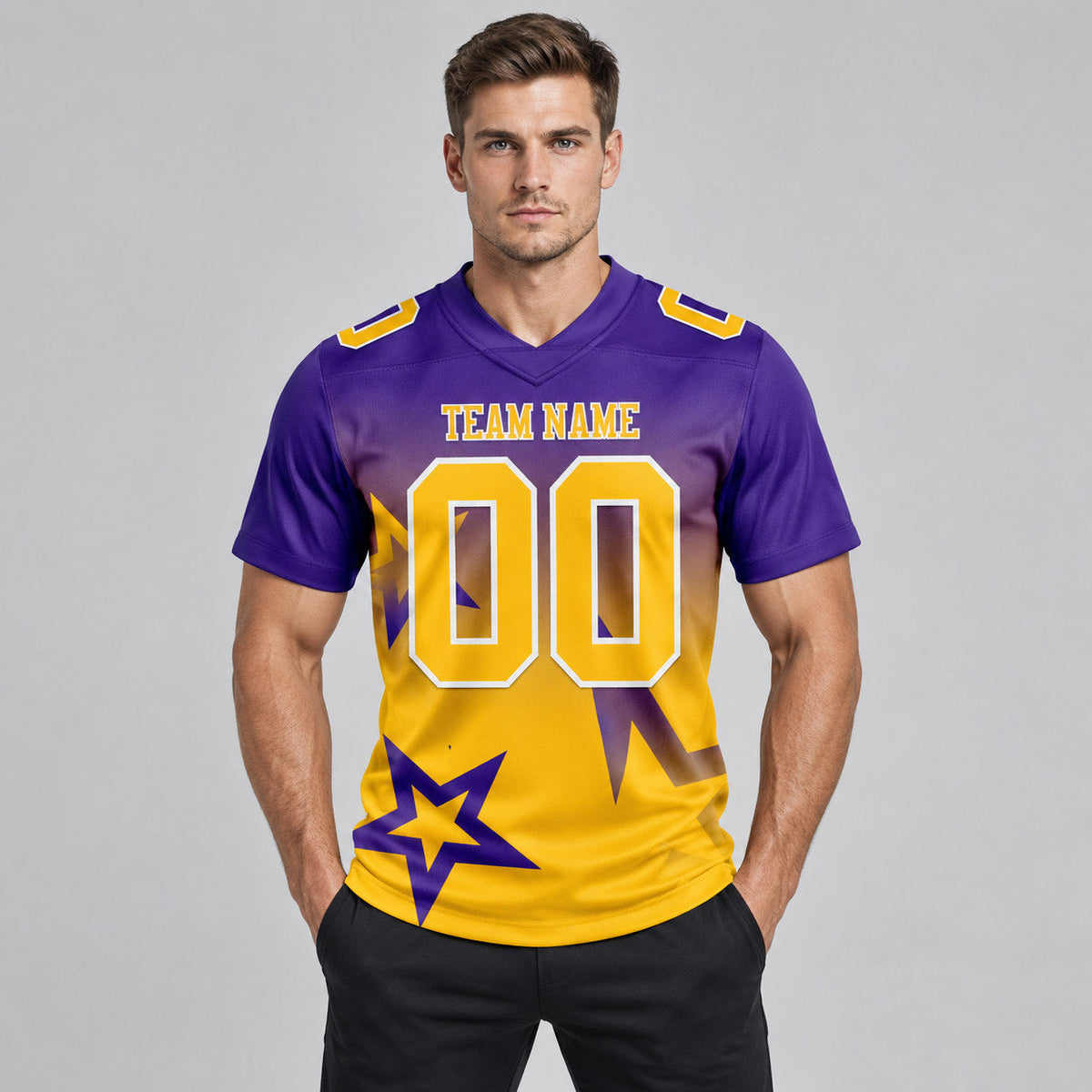 Custom Purple Gradient Twinkle Star Authentic Football Jersey with Gold and White Lettering worn by male model
