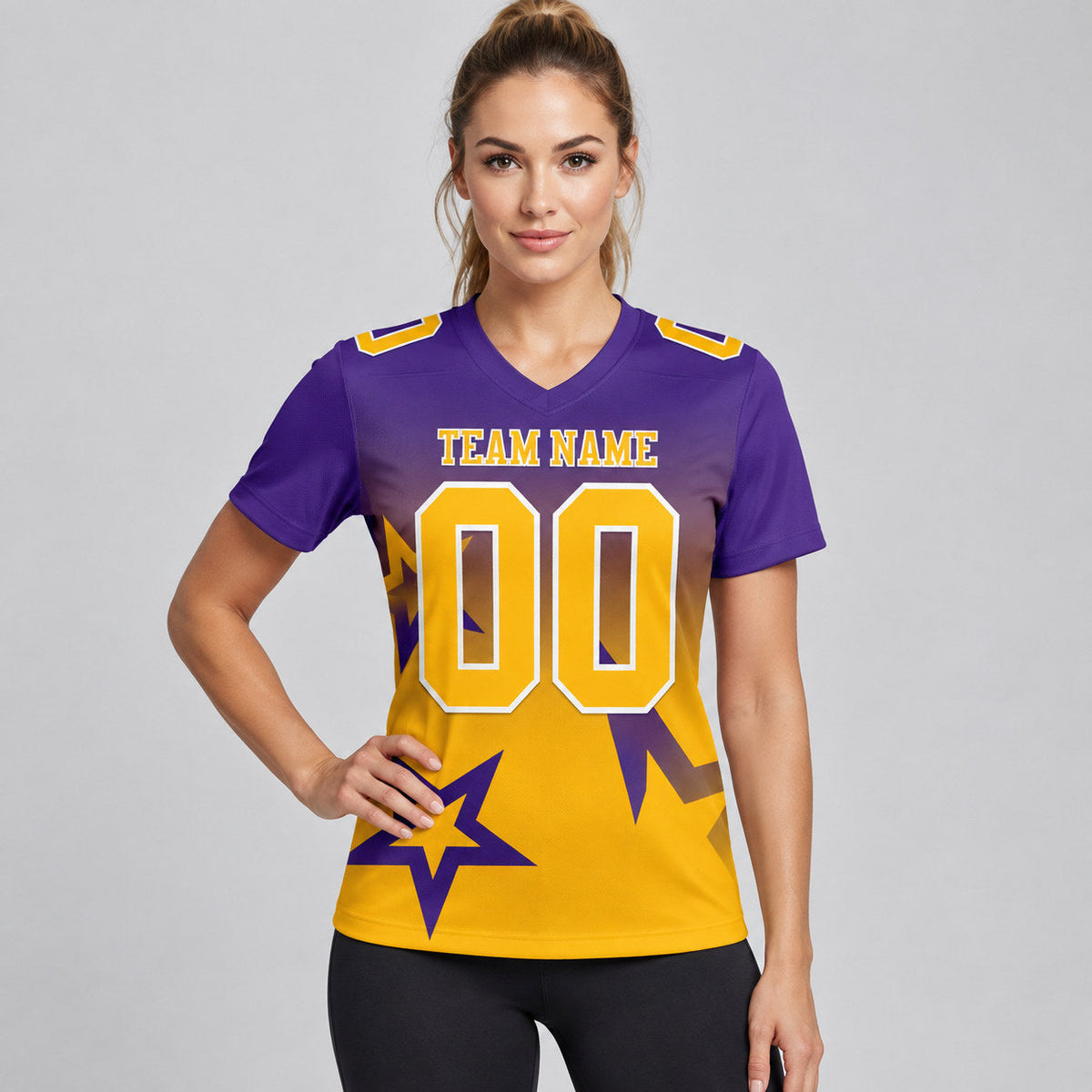 Custom Purple Gradient Twinkle Star Authentic Football Jersey with Gold and White Lettering worn by female model