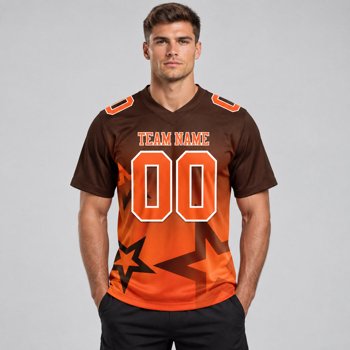 Custom Brown Gradient Twinkle Star Authentic Football Jersey with Orange and White Lettering worn by male model
