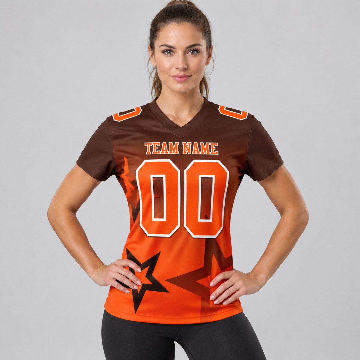 Custom Brown Gradient Twinkle Star Authentic Football Jersey with Orange and White Lettering worn by female model