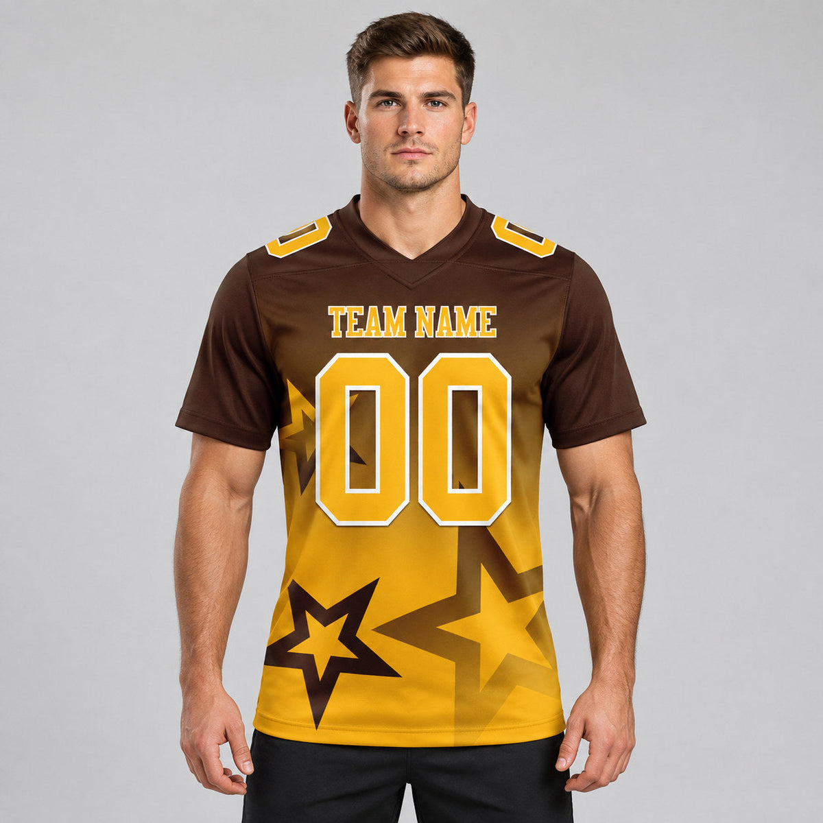 Custom Brown Gradient Twinkle Star Authentic Football Jersey with Gold and White Lettering worn by male model