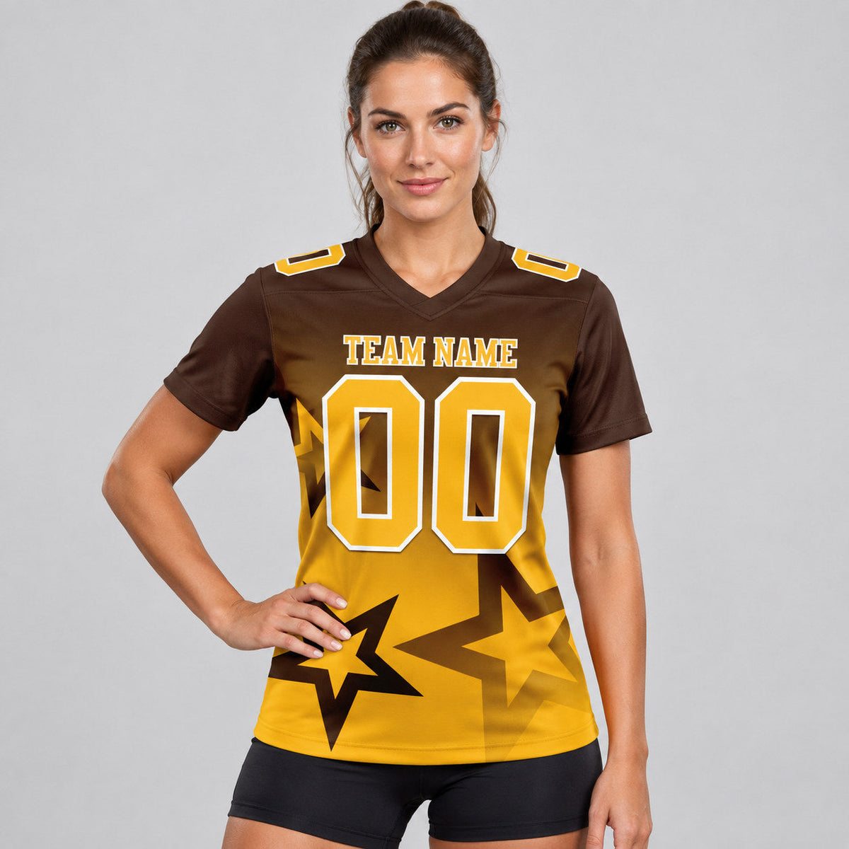 Custom Brown Gradient Twinkle Star Authentic Football Jersey with Gold and White Lettering worn by female model