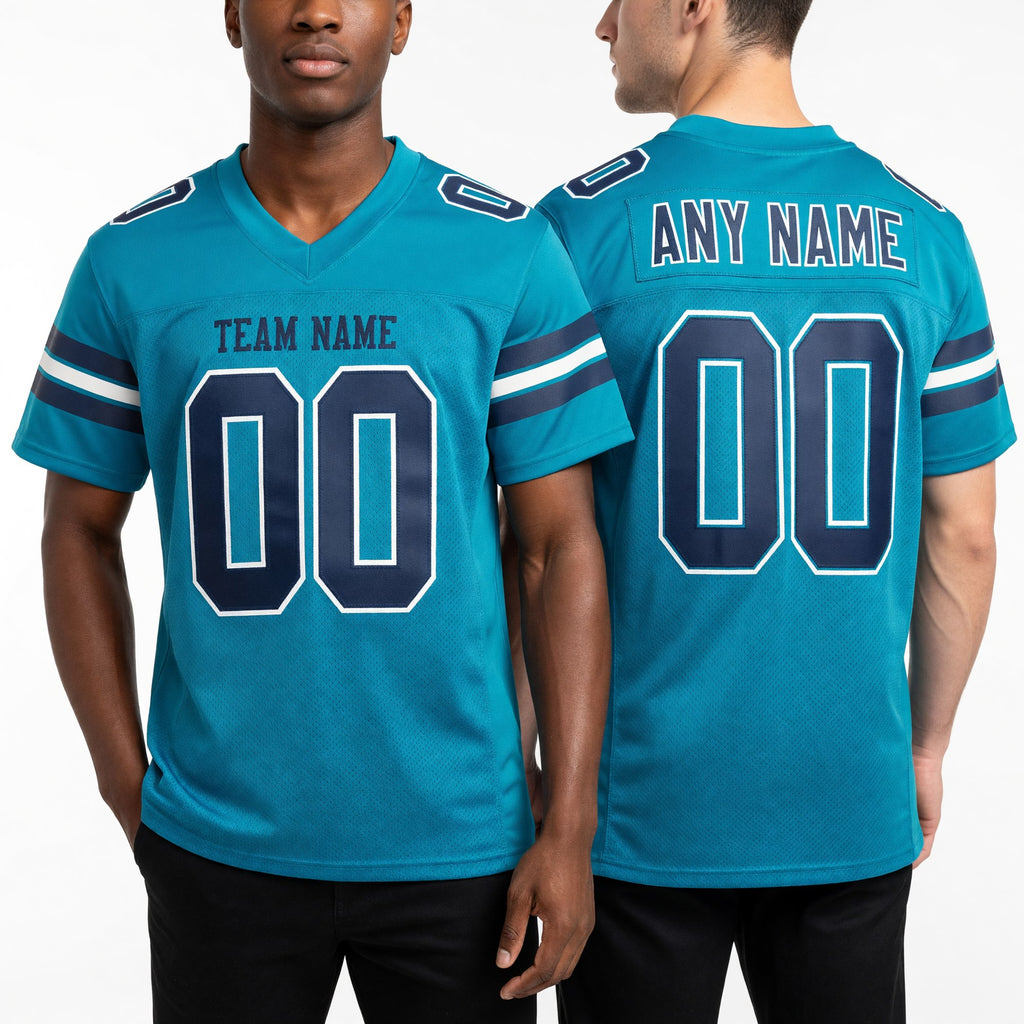 Custom Aqua Navy-White Mesh Authentic Football Jersey worn front and back