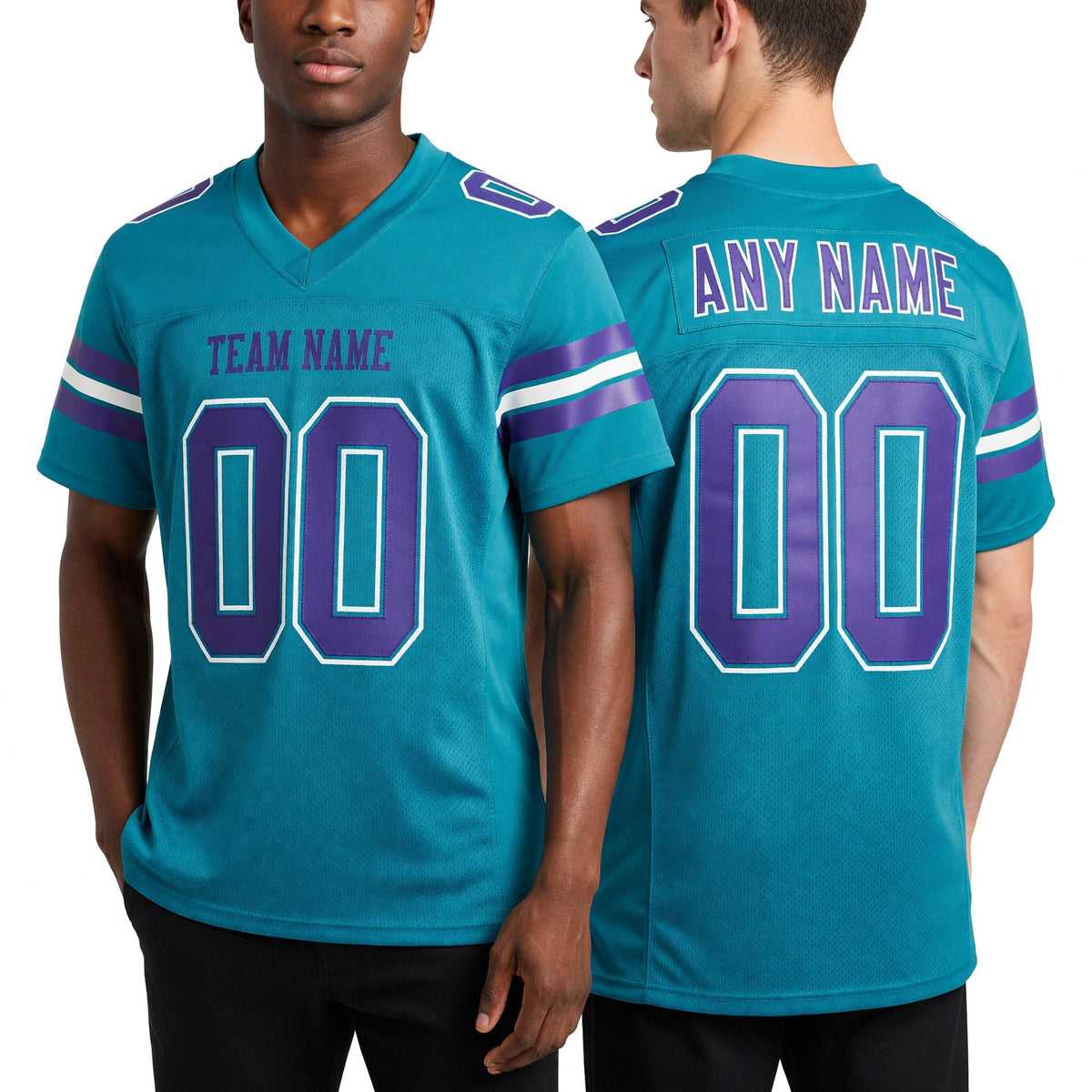 Custom Aqua Purple-White Mesh Authentic Football Jersey worn front and back
