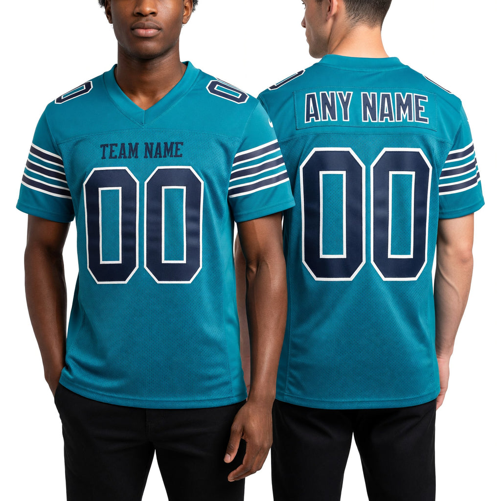 Custom Aqua Navy-White Mesh Authentic Football Jersey worn front and back
