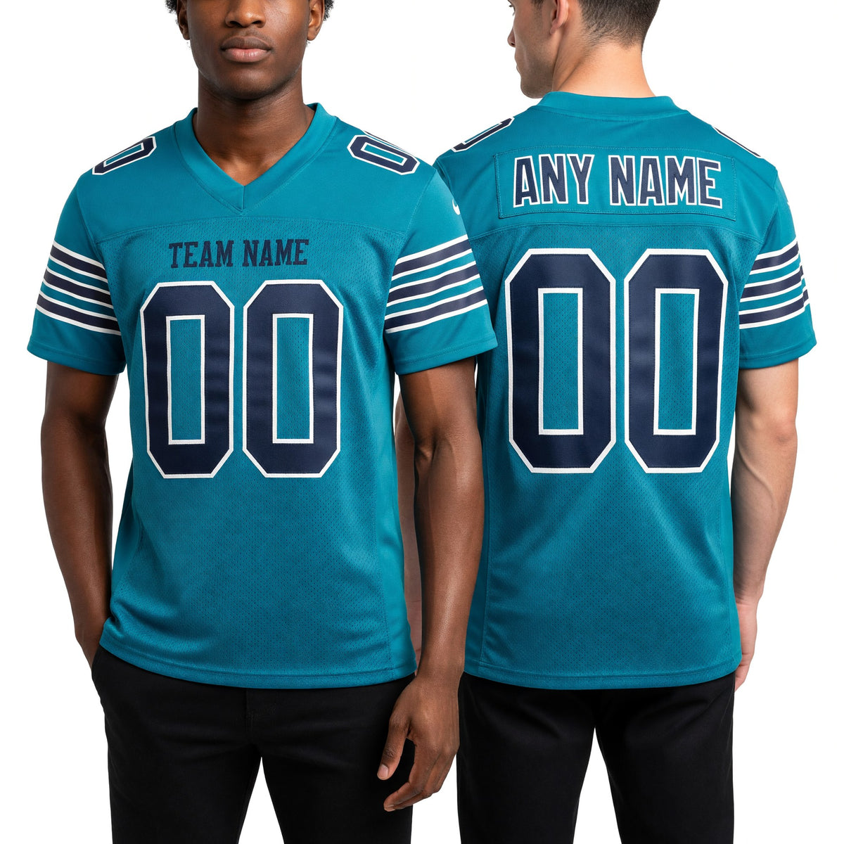 Custom Aqua Navy-White Mesh Authentic Football Jersey worn front and back