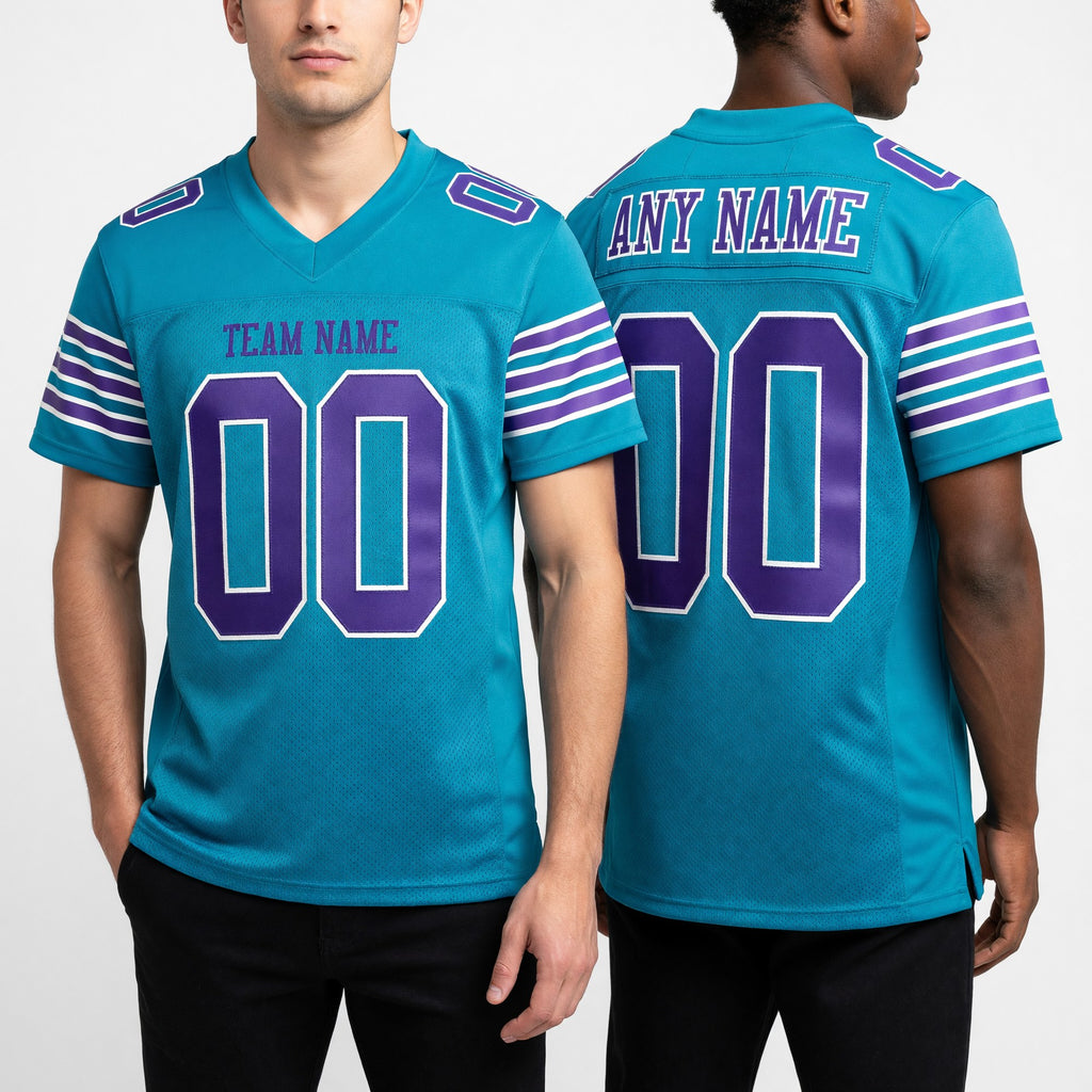 Custom Aqua Purple-White Mesh Authentic Football Jersey worn front and back