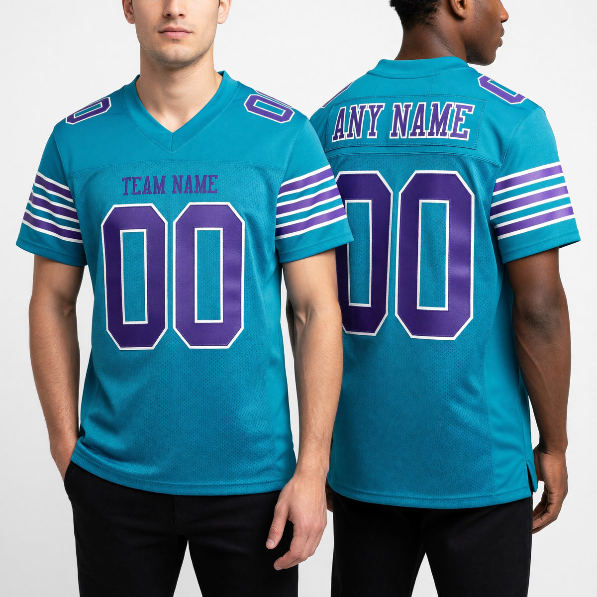 Custom Aqua Purple-White Mesh Authentic Football Jersey worn front and back