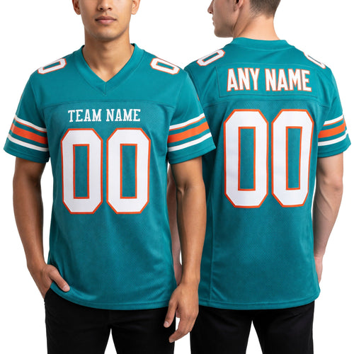 Custom Aqua White-Orange Mesh Authentic Football Jersey worn front and back